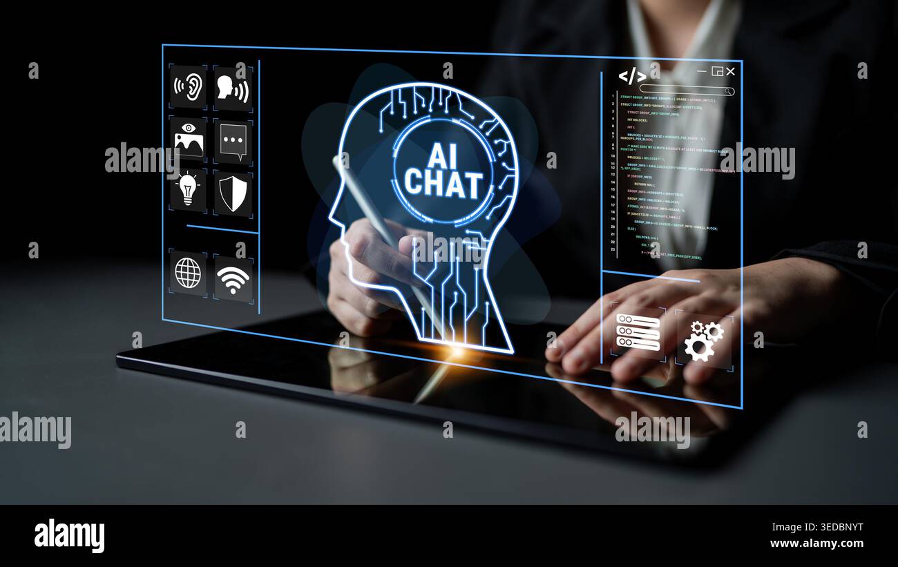 Futuristic Technology Interface Displaying AI Chat Concept with Hands Engaging in Digital Screen Interaction and Data Visualization Haptic. Stock Photo