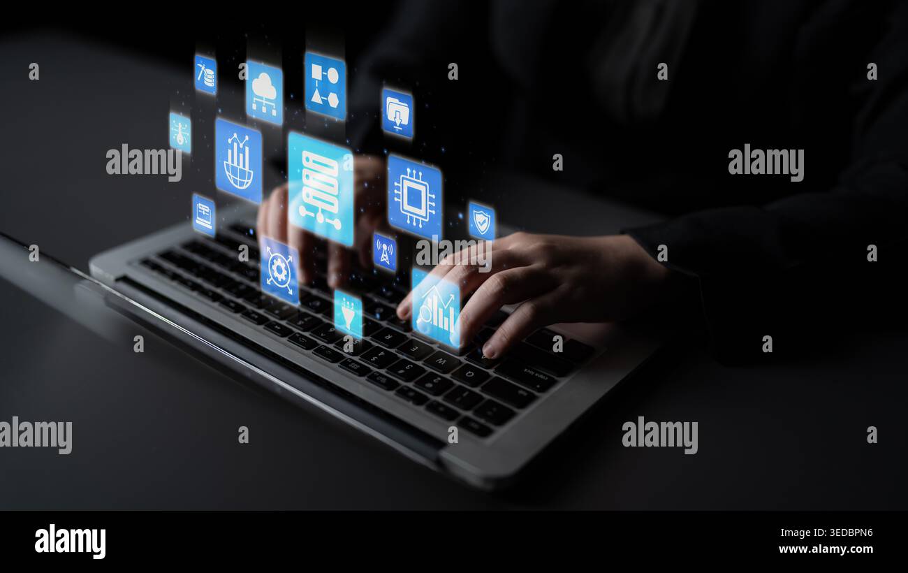 Concept of big data processing and analysis using big data architecture enables insights, big data visualization, and big data integration. Entice Stock Photo