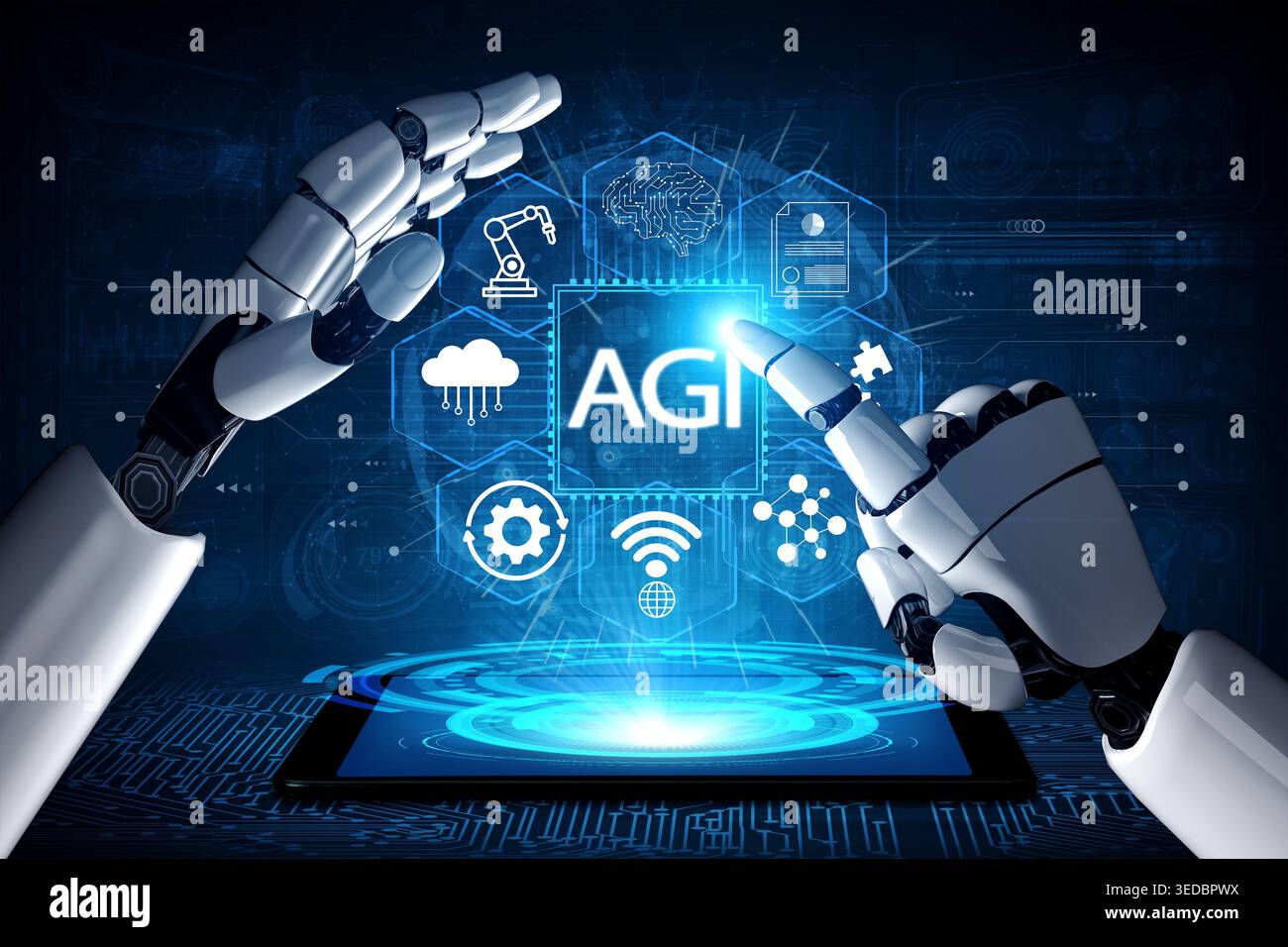 Futuristic Robotic Hands Interacting with Digital Interface Featuring Artificial Intelligence, Automation, Connectivity, and Innovative Technologies Stock Photo