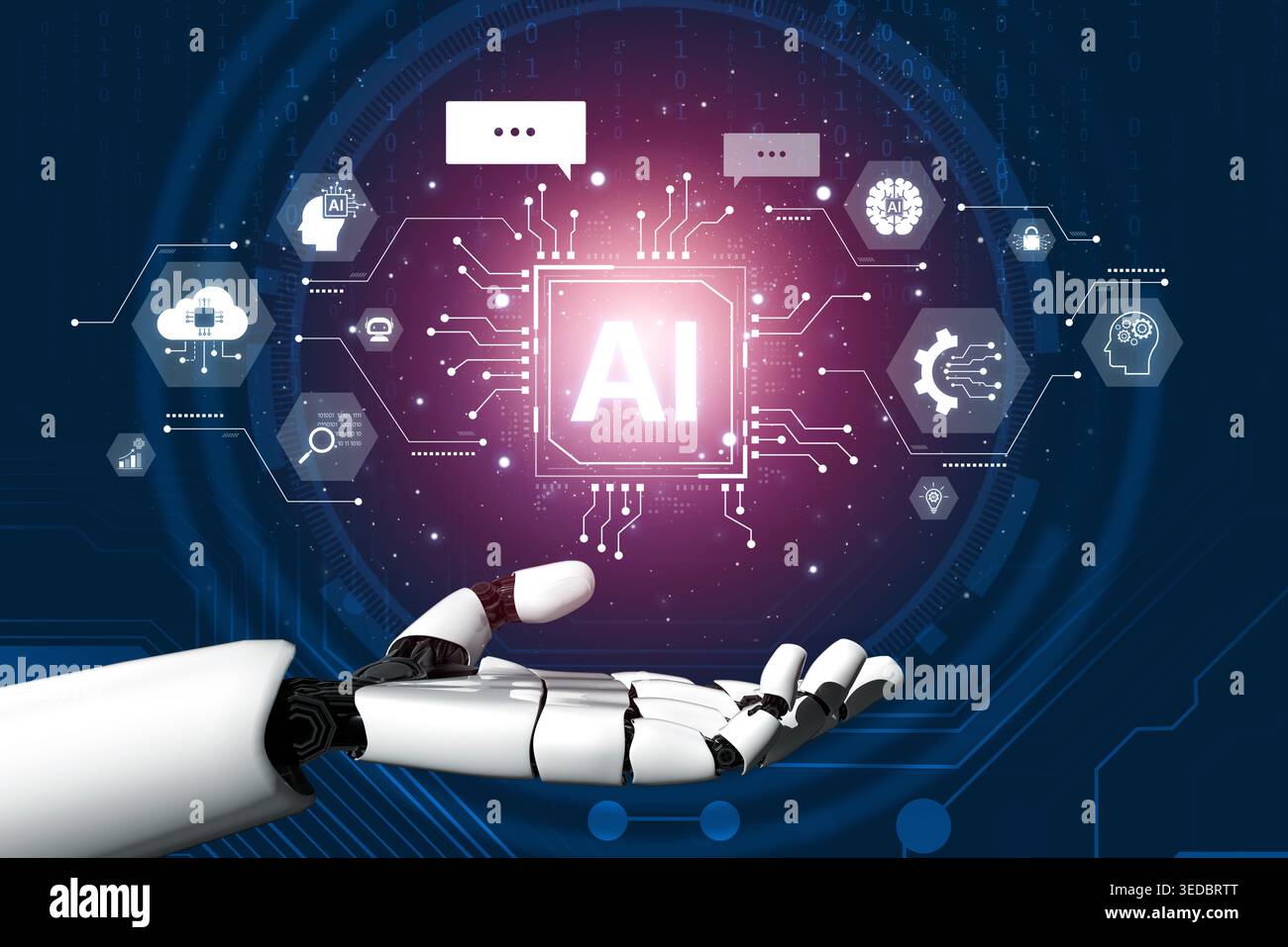 A generative AI assistant showcases its cognitive platform. This system powers conversational chatbots and intelligent cloud data processing for user Stock Photo