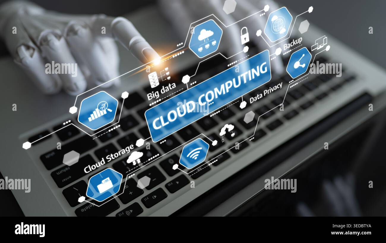 A conceptual image illustrating the interaction with cloud computing technology on a laptop, showcasing data management and security features that Stock Photo