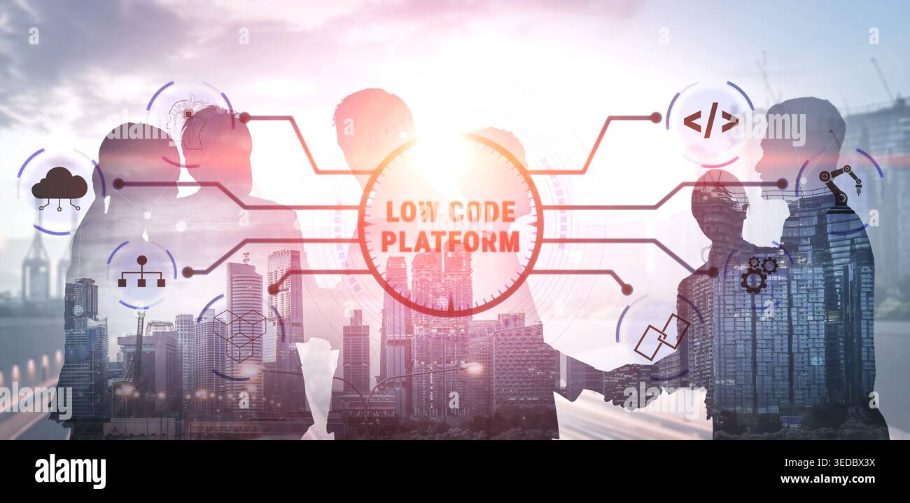 Professionals Collaborating on Low Code Platform Development in Urban Setting with Cityscape Background and Abstract Digital Graphics Quark. Stock Photo