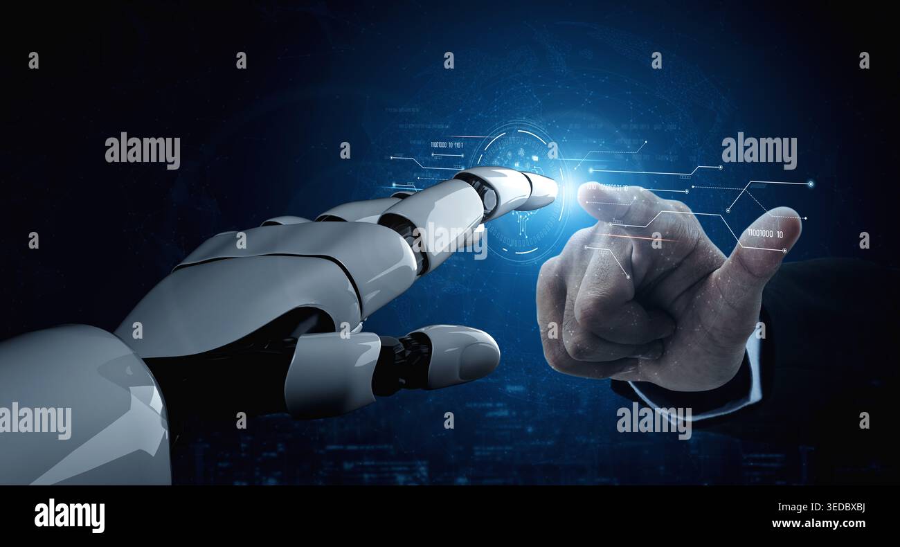 AI processing digital data through neural circuits, analyzing signals, powering intelligence, and managing core functions in a connected technology Stock Photo