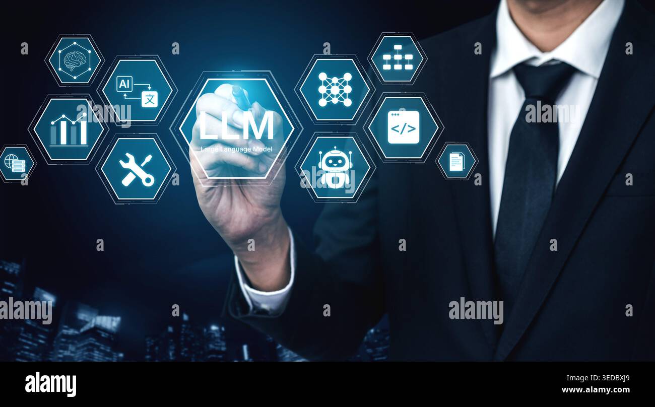 Large Language Model LLM processing data. Represents deep text learning, natural language processing NLP AI tech, transformer architecture, and Stock Photo