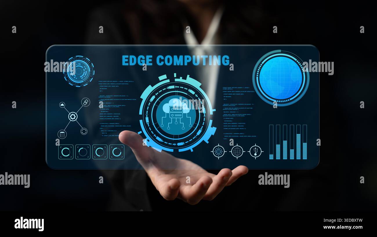 Edge computing technology for decentralized data processing and analysis. This solution improves speed and reliability by processing data locally Stock Photo