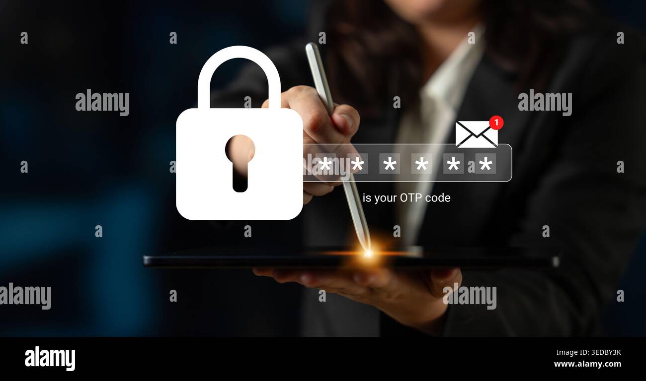 Modern technology concept showcasing user inputting one-time password on tablet, emphasizing online security and digital authentication for safe Stock Photo