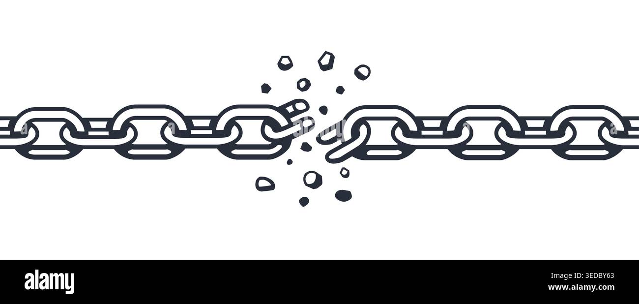 Broken chain links with snapping metal connection, monochrome vector ...
