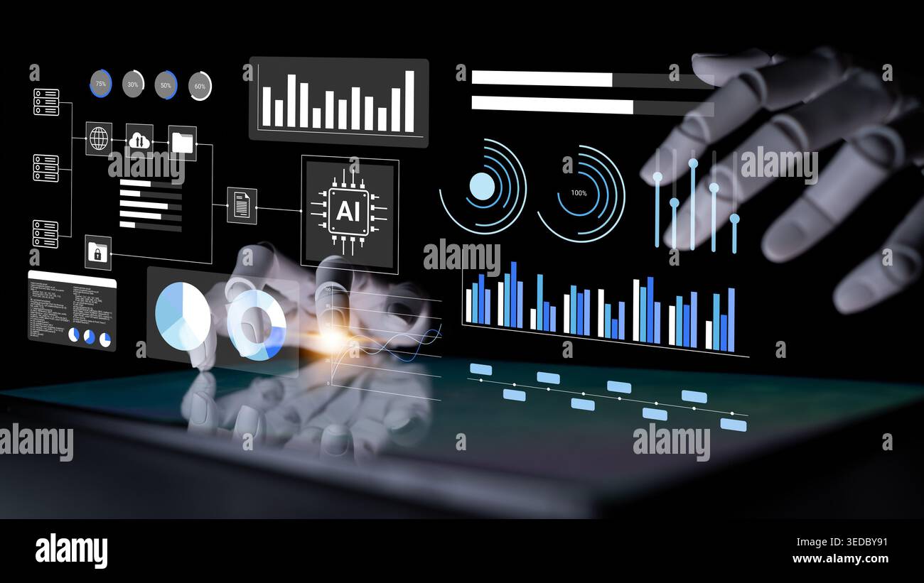 A robotic hand interacts with a sleek digital interface showcasing data visualizations and analytics, representing the future of artificial Stock Photo