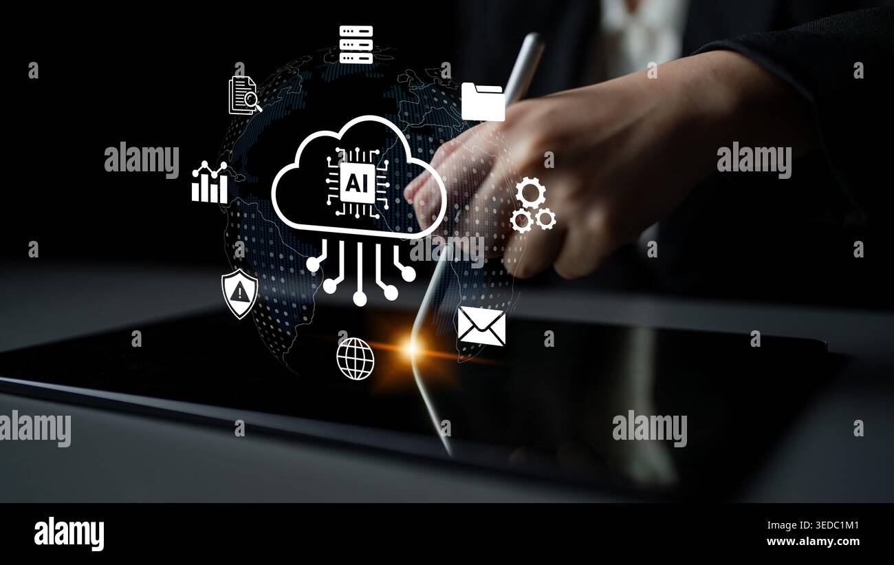 A hand is holding a digital pen over a tablet screen while icons represent cloud computing, emphasizing technology integration in modern business Stock Photo