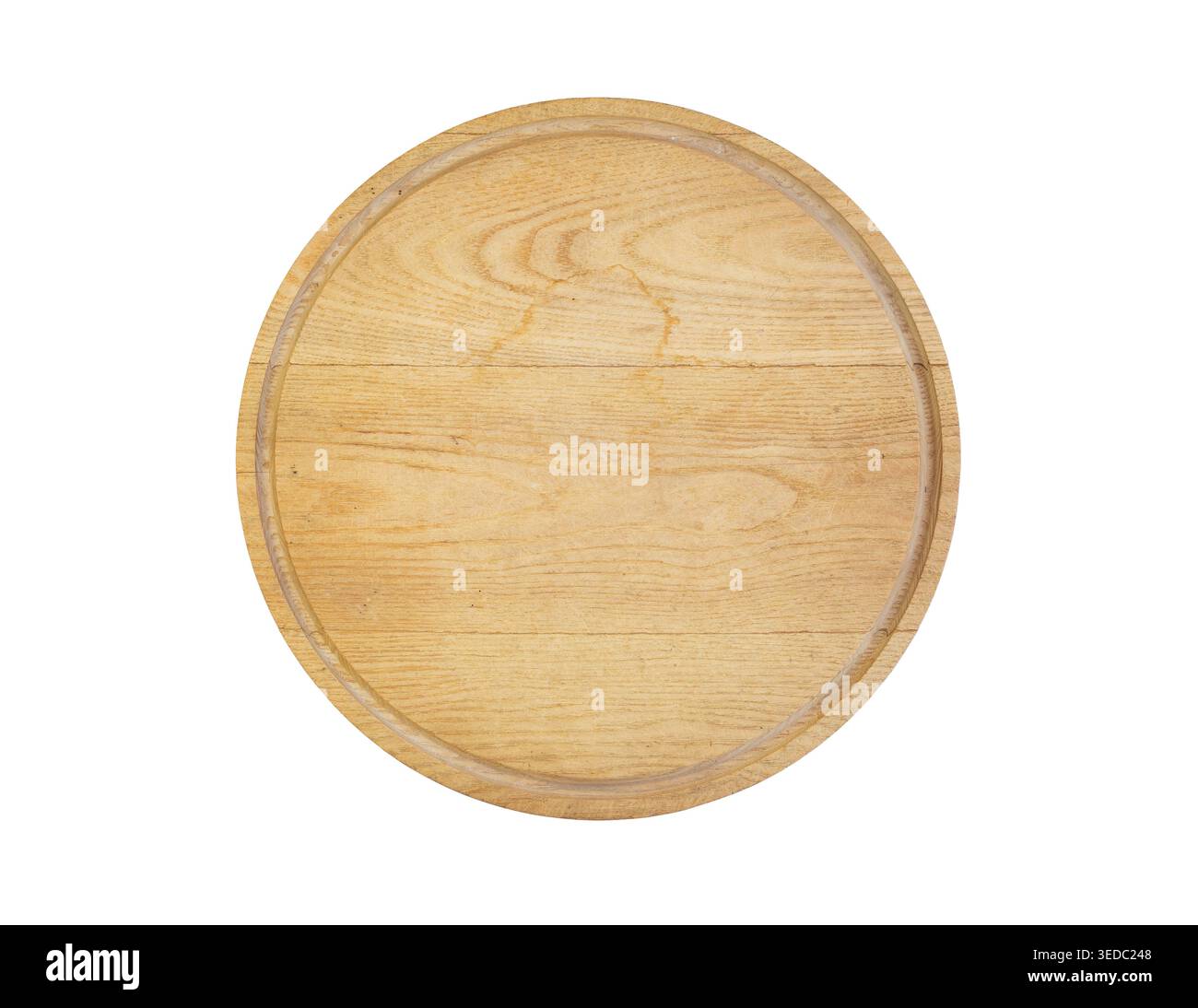 Empty Round Wooden Cutting Board Isolated on White Background. Top View. Stock Photo