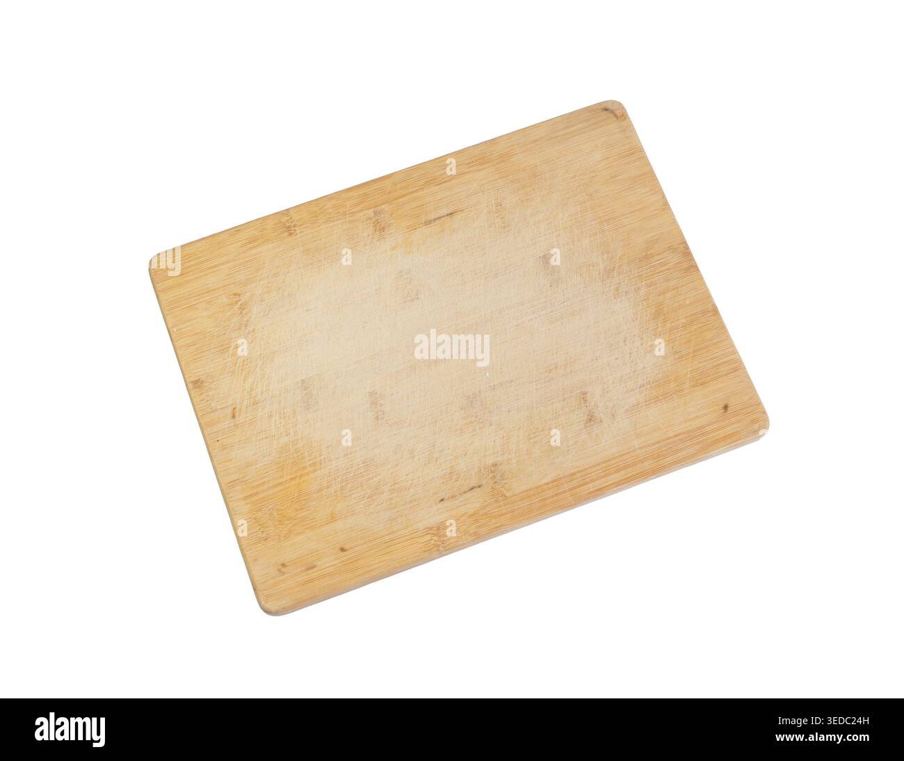 Empty Rectangular Wooden Cutting Board with Knife Marks Isolated on White Background. Stock Photo