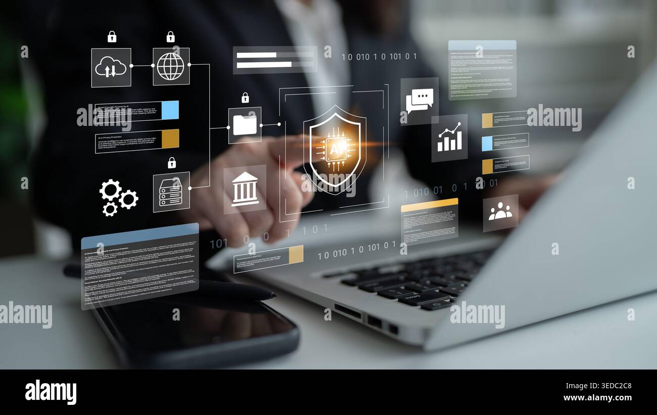 A professional engages with a digital security interface on a laptop. Visual elements illustrate cybersecurity themes, data protection, and cloud Stock Photo
