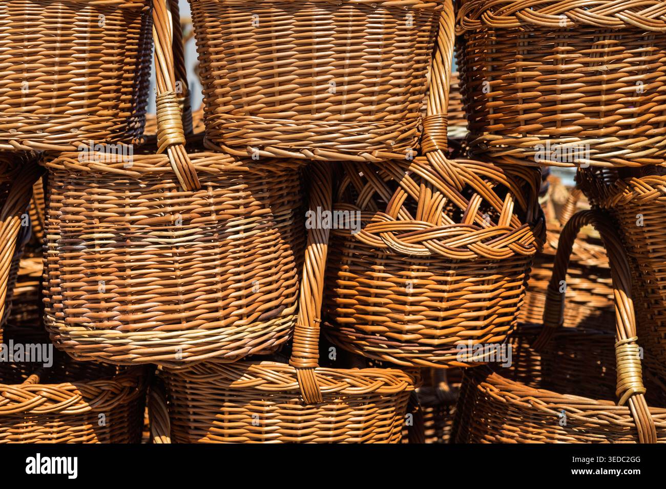 Stacked Traditional Willow Wicker Baskets Pattern Stock Photo