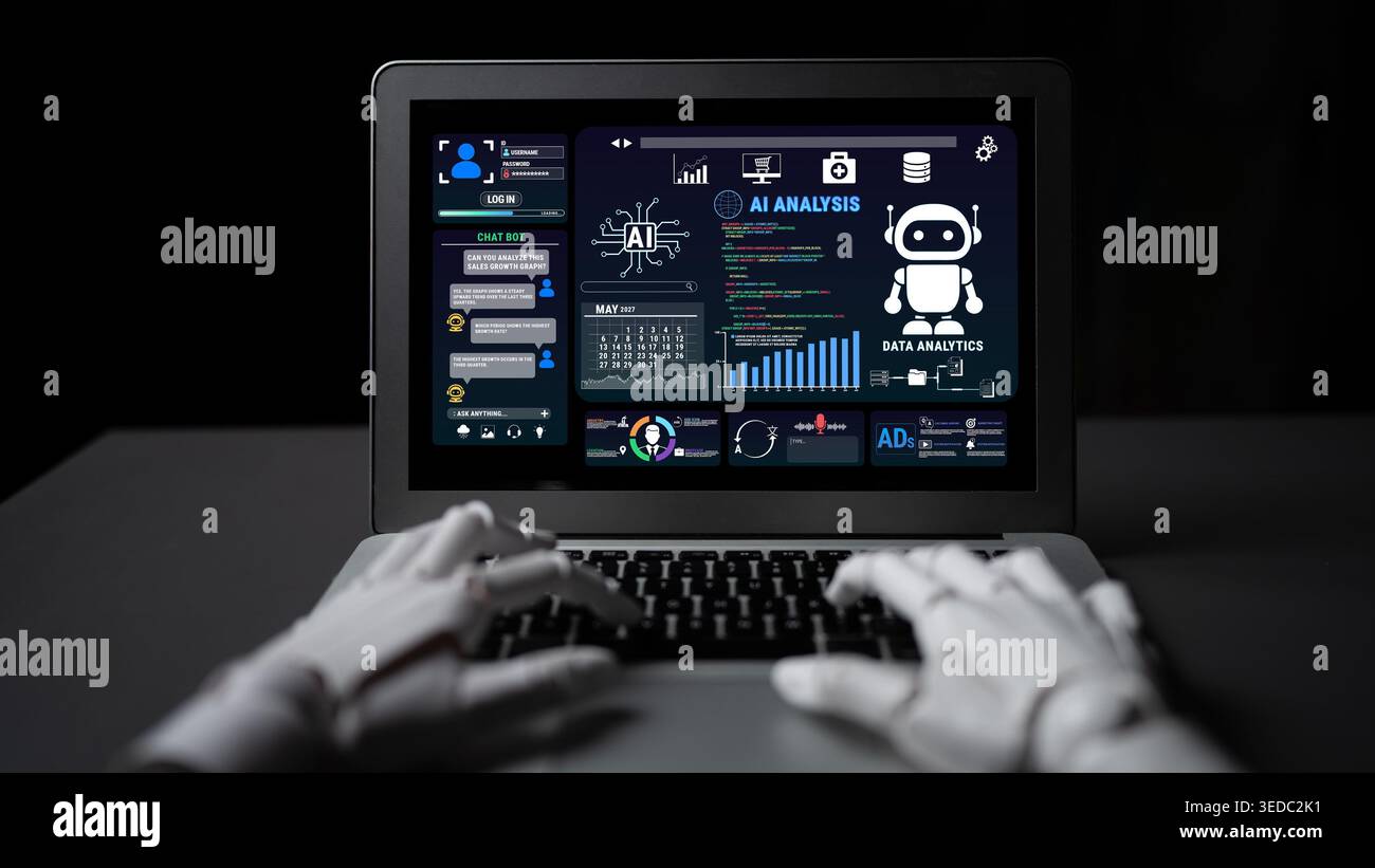Futuristic Desktop Setup Featuring AI Technology and Data Analytics Interface with Robotic Hands Interacting with Digital Screen Fluxor. Stock Photo