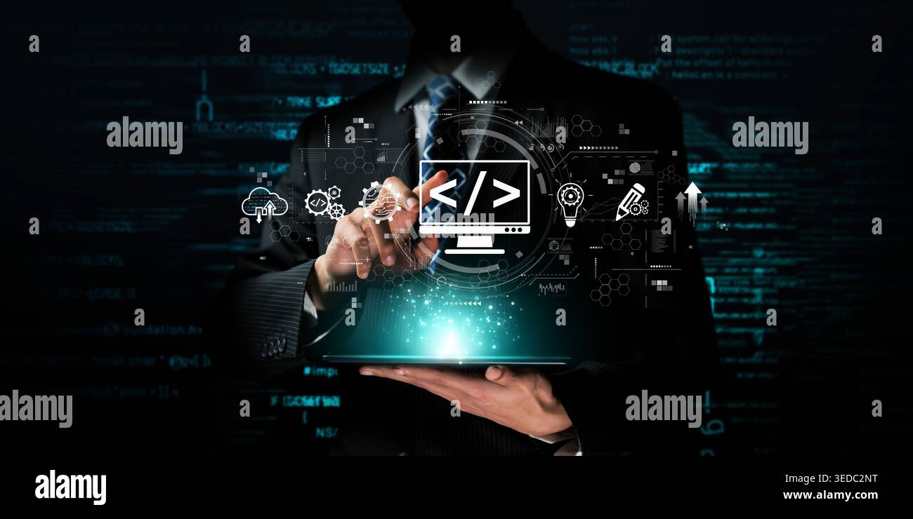 A professional web developer in a suit interacts with a digital tablet showcasing programming elements and innovative technology symbols, symbolizing Stock Photo