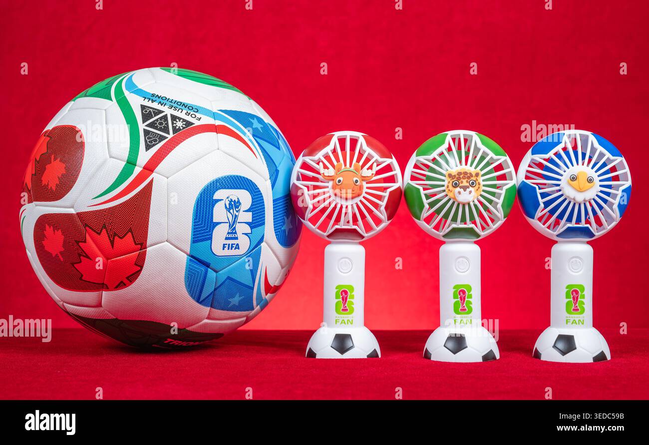 ZHONGSHAN China-April 18 2026: 2026 FIFA World Cup mascots and portable ...