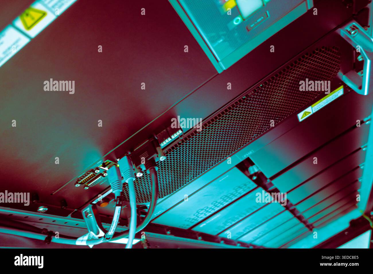 A detailed view of the interior components of a high-tech server rack ...