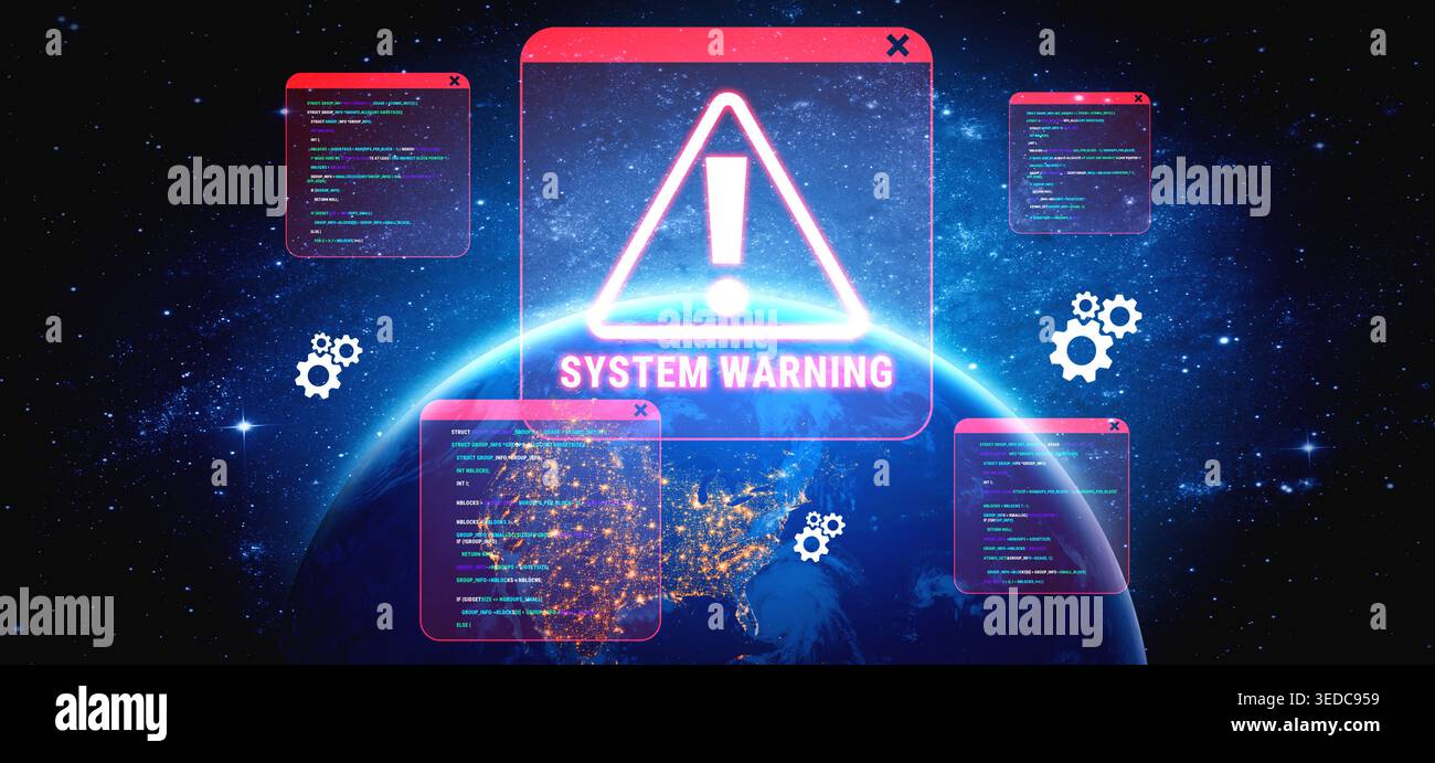Digital Alert Signage Displayed in Space, Warning of System Errors and Technical Issues Over Earth with Programming Code in Background Haptic. Stock Photo