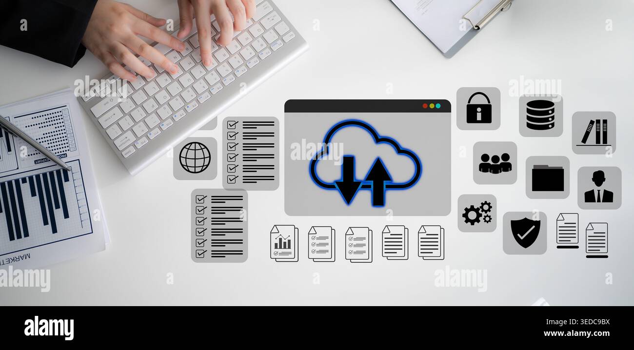 Cloud upload and download icon with surrounding data management, security, and analytics icons in digital interface Parse Stock Photo