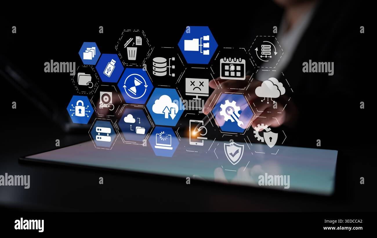 Cloud backup system connects devices through a secure data backup network. Data backup ensures protection, data backup reliability, and recovery Stock Photo