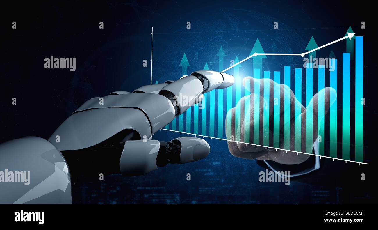 Futuristic Robotic Hand Reaching Towards Data Visualization with Rising Graph and Digital Elements for Technology and Innovation Themes Haptic. Stock Photo