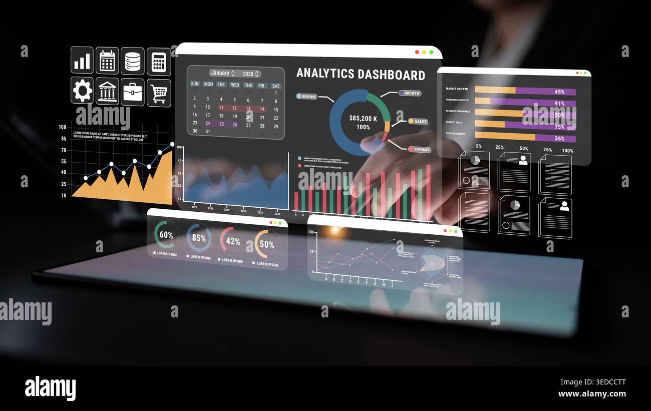 Modern analytics dashboard display with interactive charts and graphs showcasing business data and performance metrics in dark environment Haptic. Stock Photo