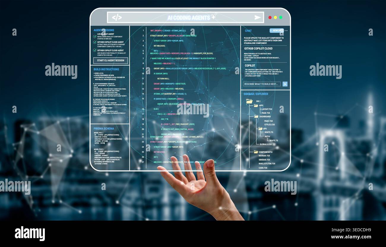 Futuristic Interface with AI Coding Agents Displayed on Transparent Screen in Hand over Technological City Background Quark. Stock Photo