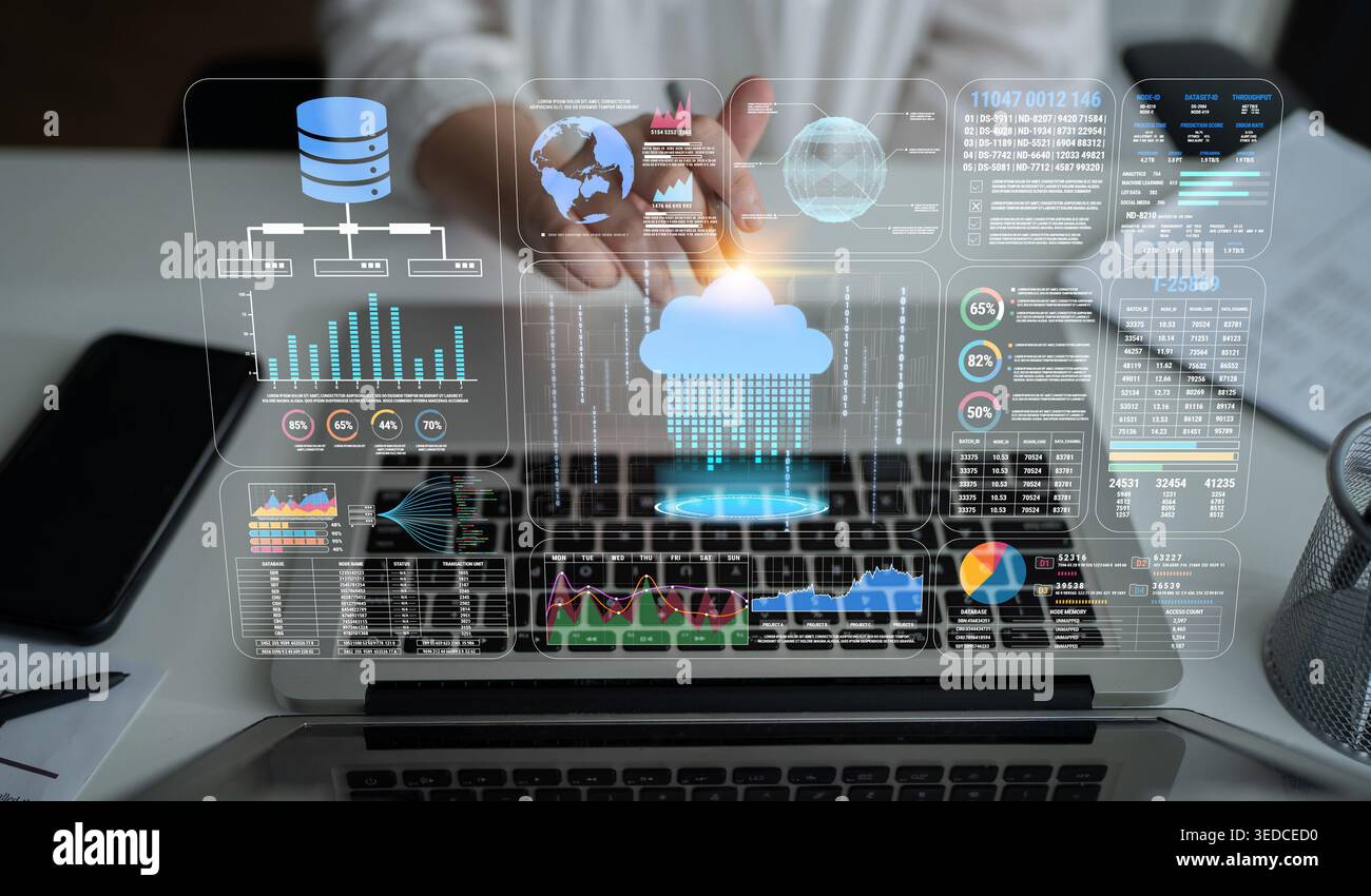 Modern Digital Interface with Data Visualization and Cloud Computing Concept over Laptop Screen Fluxor. Stock Photo