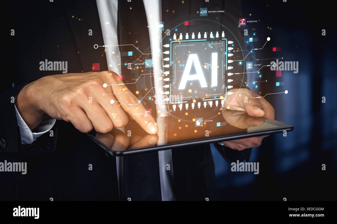 A technical diagram illustrating the core capabilities of Artificial Intelligence. This includes machine learning, robotics, speech recognition, and Stock Photo