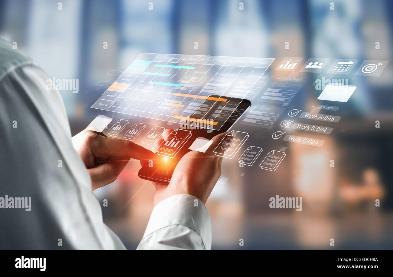 Digital visualization of multiple project timelines with progress tracking, documents, and team collaboration symbols Parse Stock Photo