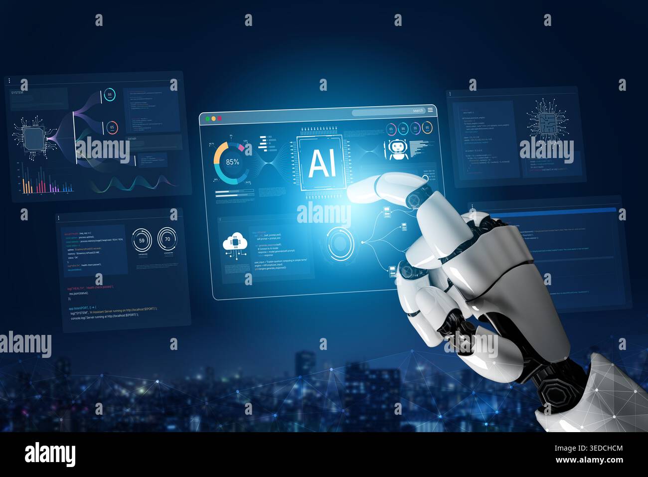 A generative AI assistant displays its own development environment. This platform shows the tools used for coding algorithms, training machine Stock Photo