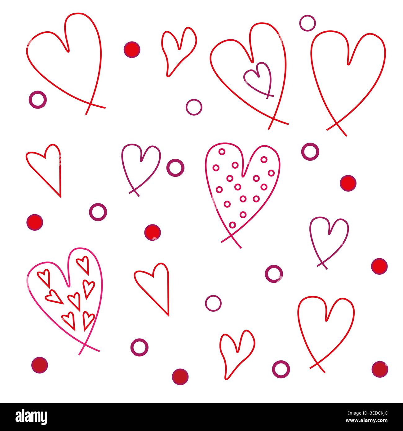 Romantic doodle hearts. Red pink dots background. Love theme Vector pattern. Cute drawing elements. Stock Vector