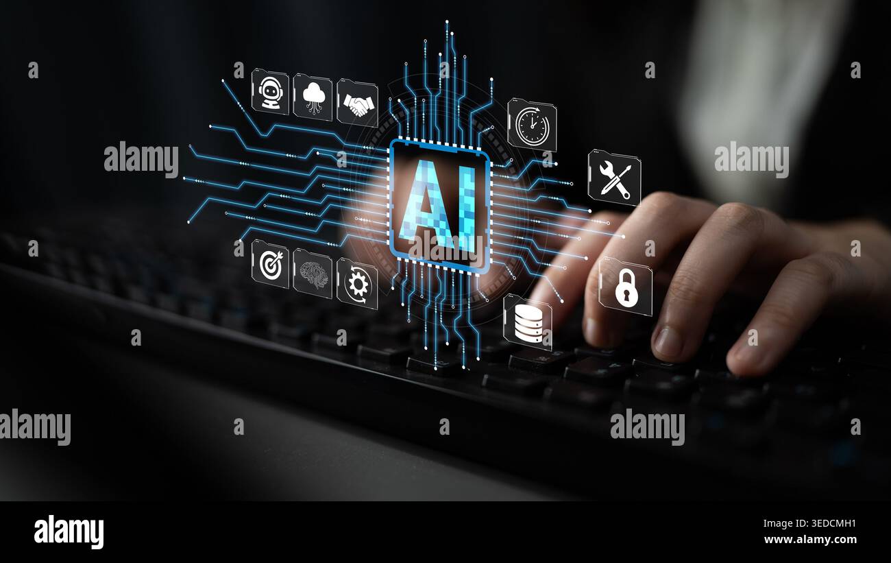 Modern Technology Concept Featuring Artificial Intelligence, Digital Interface, Data Processing, Computer Keyboard, Virtual Graphics, and Human Stock Photo
