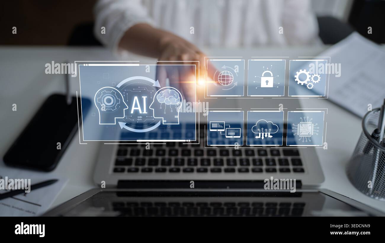 AI system integration improves artificial intelligence platform. AI system integration enhances automation, secures data, supports cloud, and AI Stock Photo