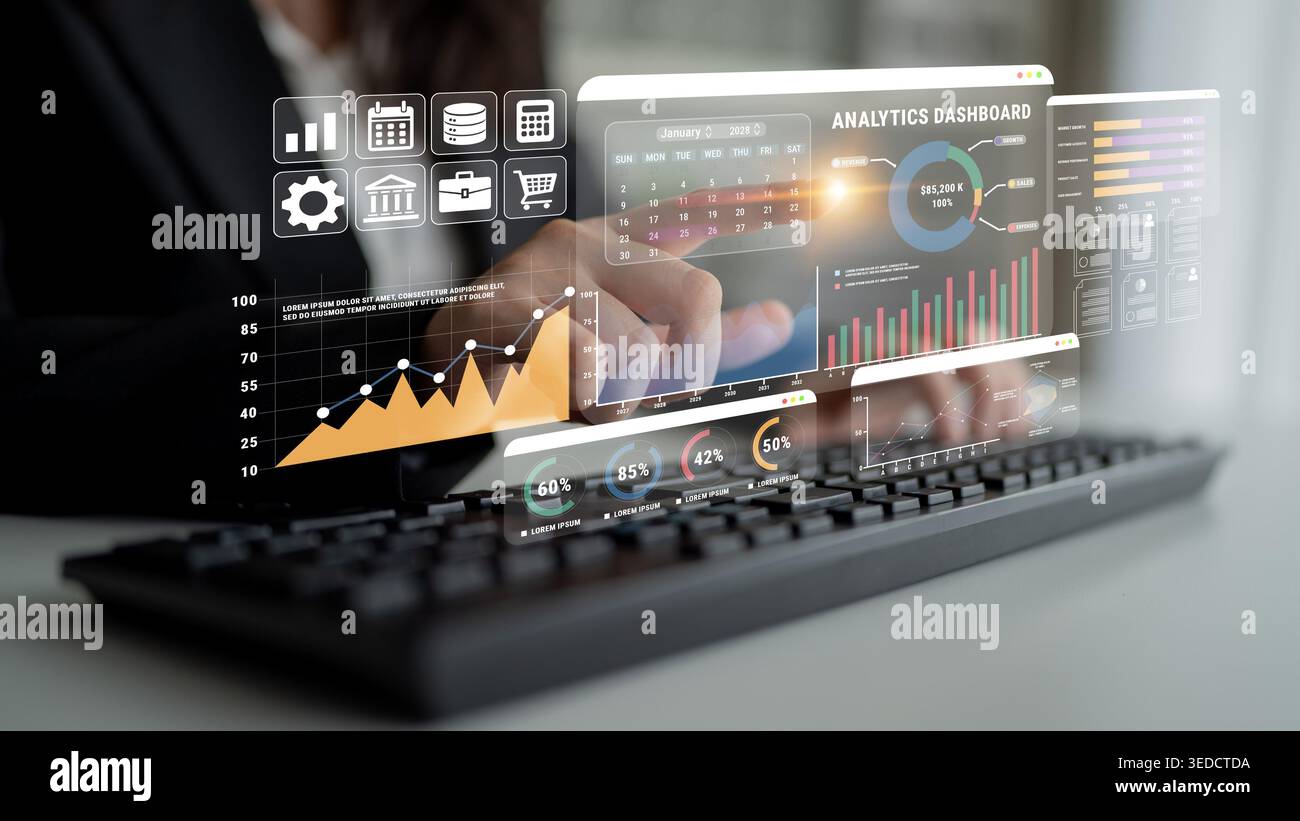 Modern Office Workspace Featuring Advanced Analytics Dashboard with Data Visualization and Business Metrics Displayed on a Transparent Screen Haptic. Stock Photo