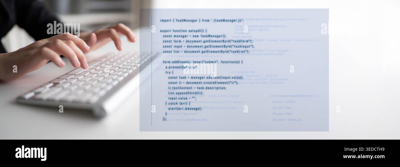 programming for task manager user interface, handling form submission, input validation, task list rendering, and exception alerts with dynamic DOM Stock Photo