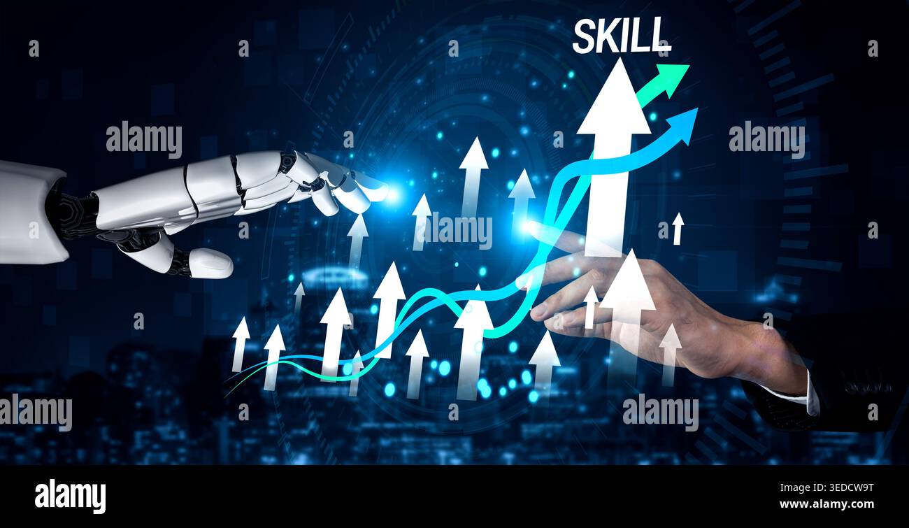 Photo Representing Development Futuristic Interaction Between Robot Hand and Human Hand with Rising ...