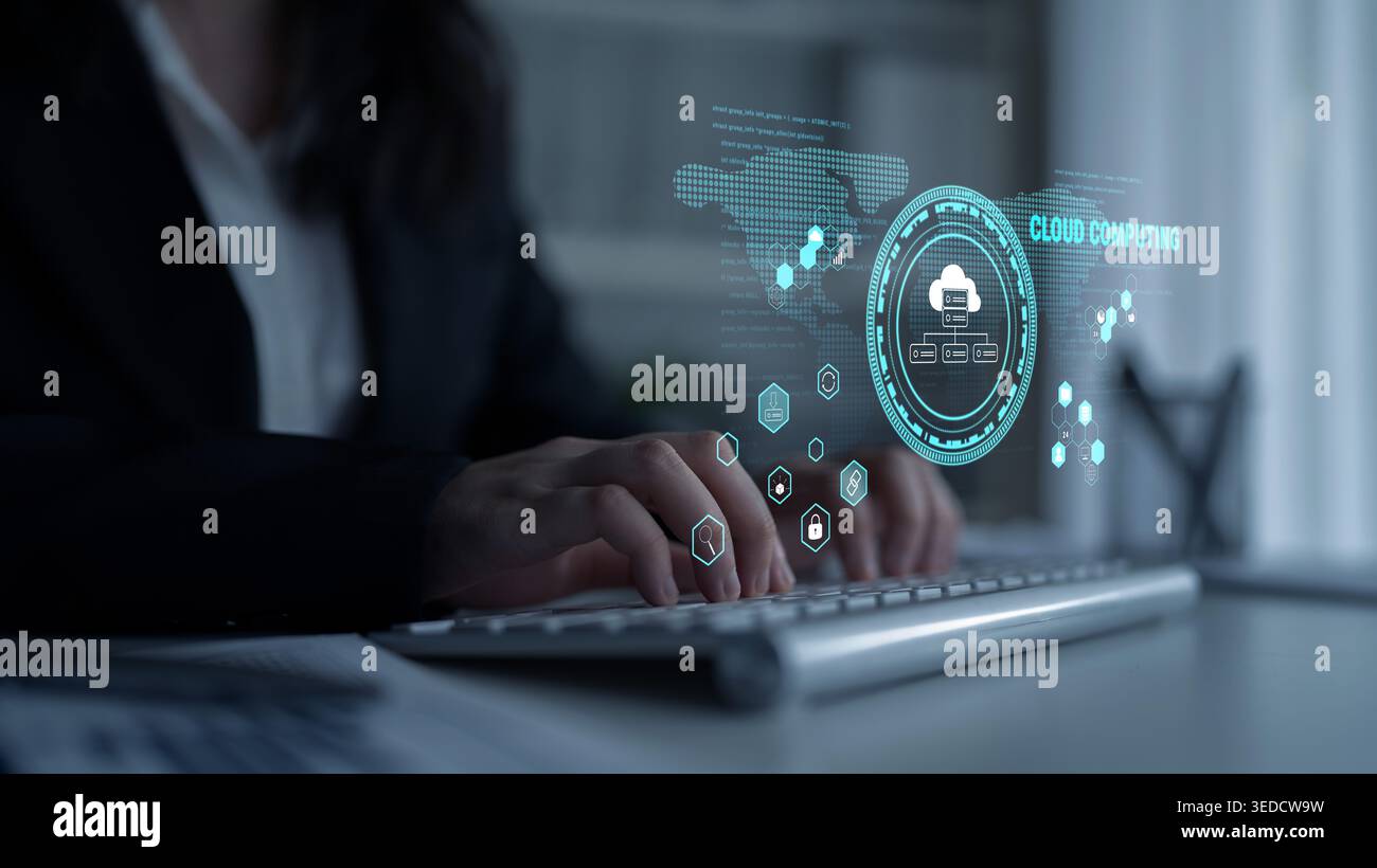 Global cloud computing platform providing services for software development. A worldwide network for data storage, security, and application hosting Stock Photo