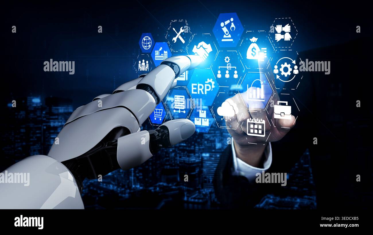 Artificial intelligence enhances ERP systems, optimizing processes, integrating business data, and supporting smart decision-making across Stock Photo