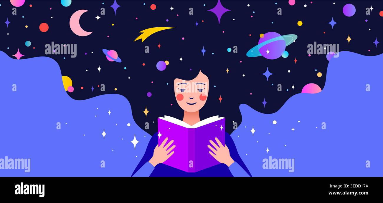 Book, Imagination, Dreams. Girl reading Stock Vector