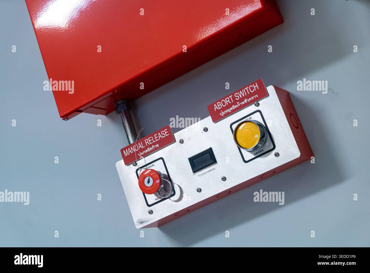 This image showcases a control panel featuring a safety abort switch ...
