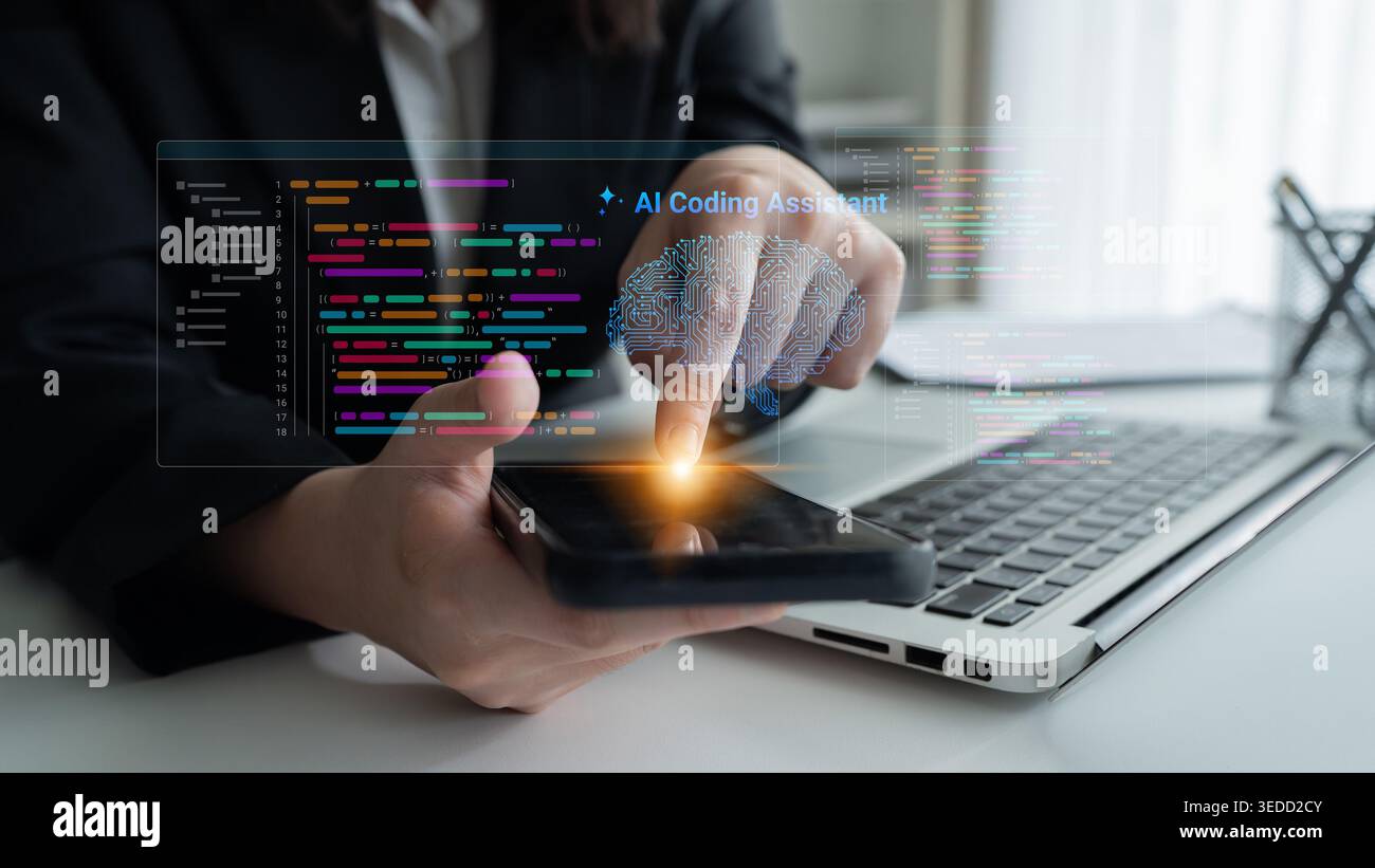 A modern workspace showcasing a programmer interacting with an AI coding assistant on a smartphone, highlighting innovation in software development Stock Photo