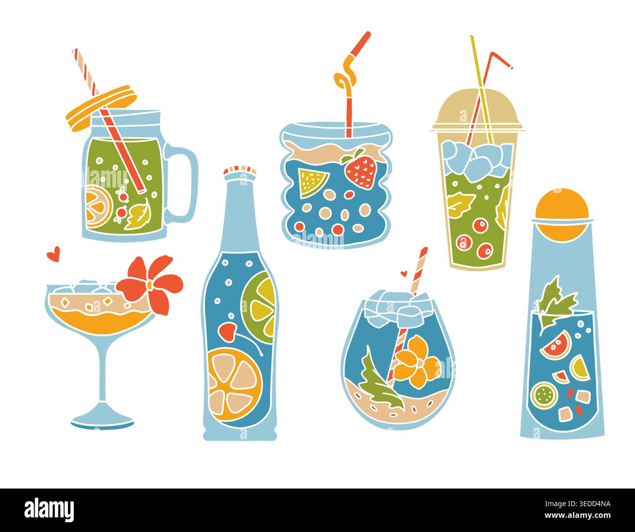 Vibrant summer cold drinks flat vector set Stock Vector