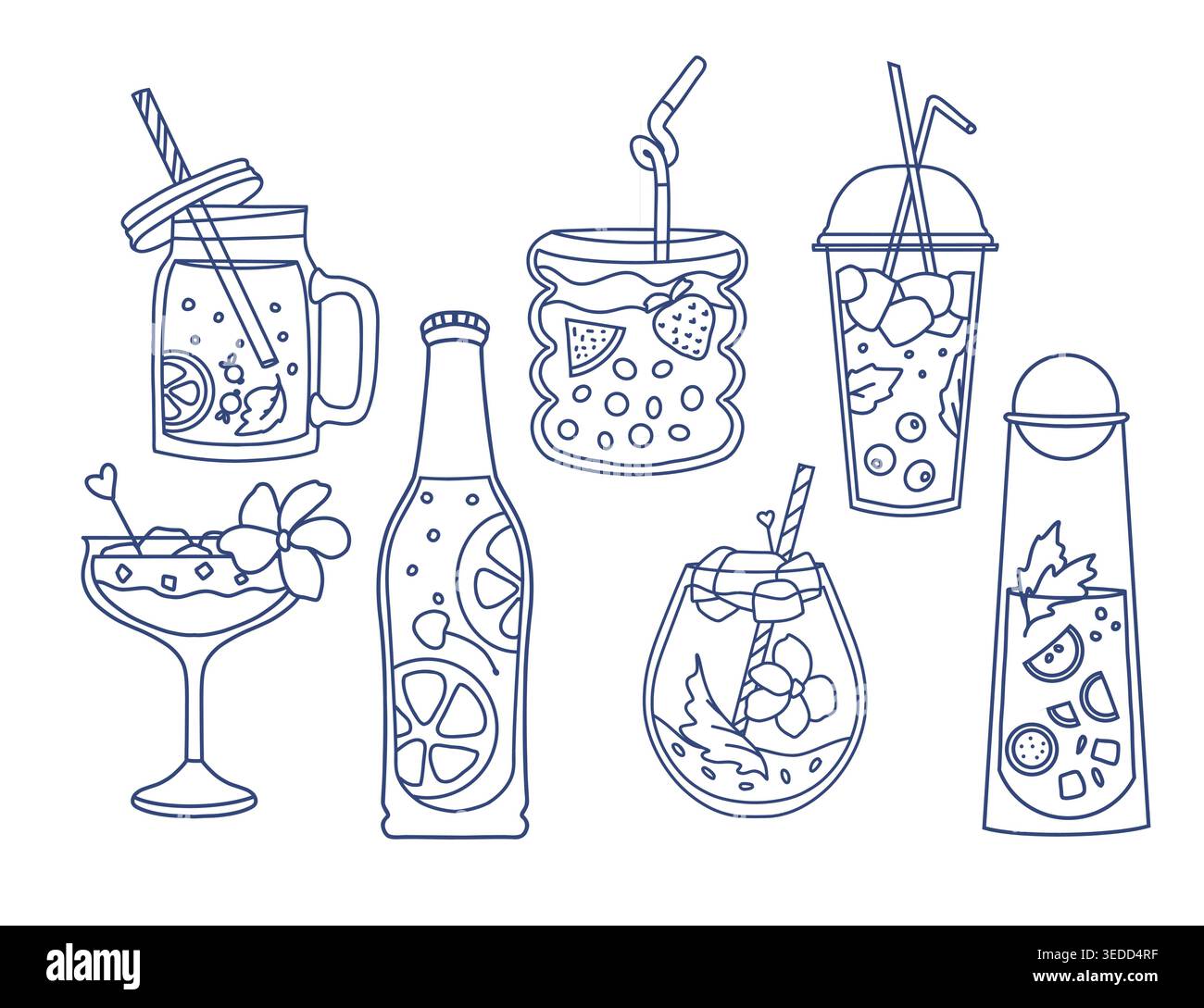Summer drinks line art vector icons Stock Vector