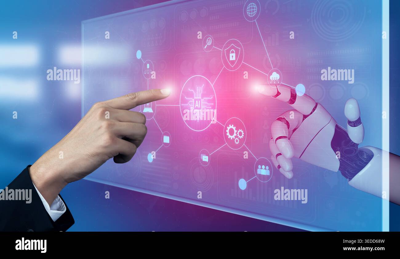 AI powers intelligent networks by linking data, enhancing real-time analytics, securing communication, and improving system efficiency and automation Stock Photo