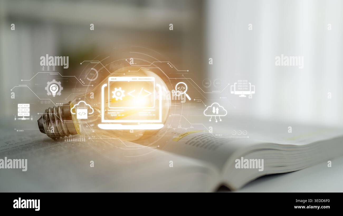 Modern web development concept featuring coding symbols, web development process, web development interface, and web development tools with futuristic Stock Photo