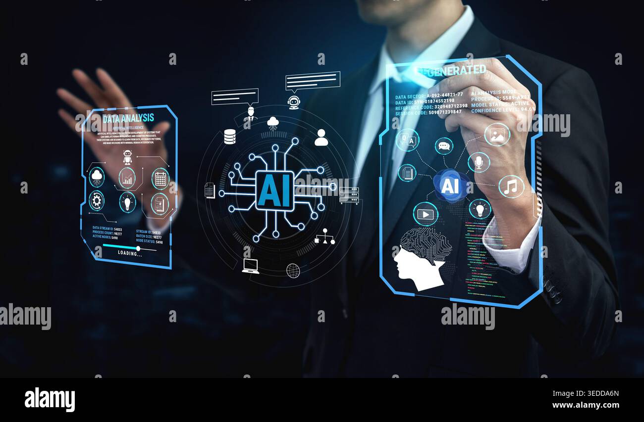 Businessman Interacting with Futuristic Artificial Intelligence Data Interface in Digital Workspace for Advanced Technology Solutions and Innovations Stock Photo