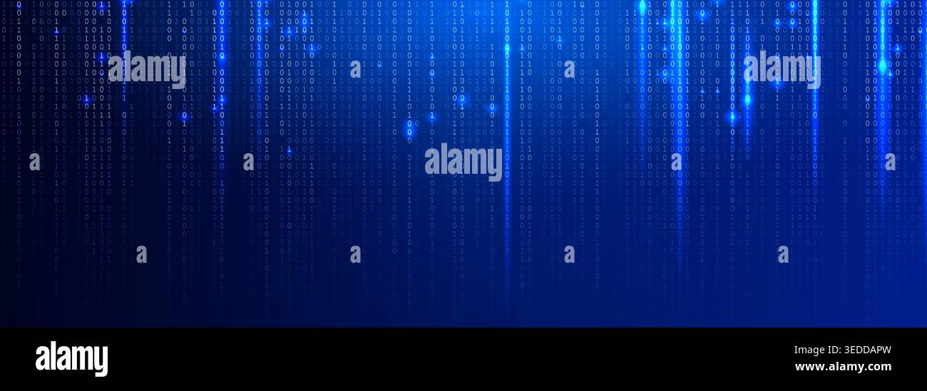 Blue Binary Code Background Glowing Digital Data Stream for AI Coding, Data Encryption, Cybersecurity, Software Engineering, Cloud Code Computing Stock Vector