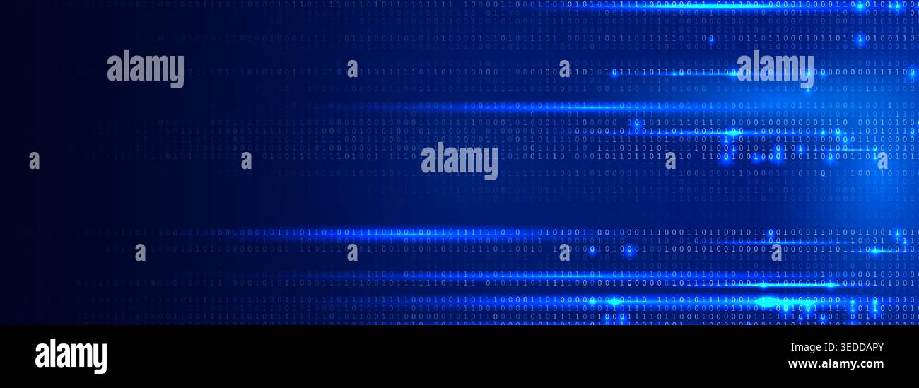 Blue Binary Code Background Glowing Digital Data Stream for AI Coding, Data Encryption, Cybersecurity, Software Engineering, Cloud Code Computing Stock Vector