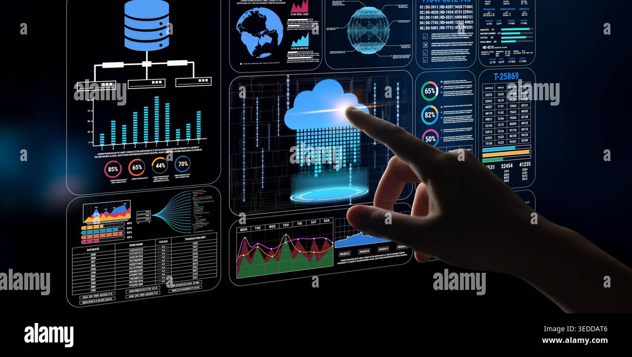 Digital Data Visualization with Cloud Computing Symbol and Touch Interaction for Technology and Business Analysis Fluxor. Stock Photo